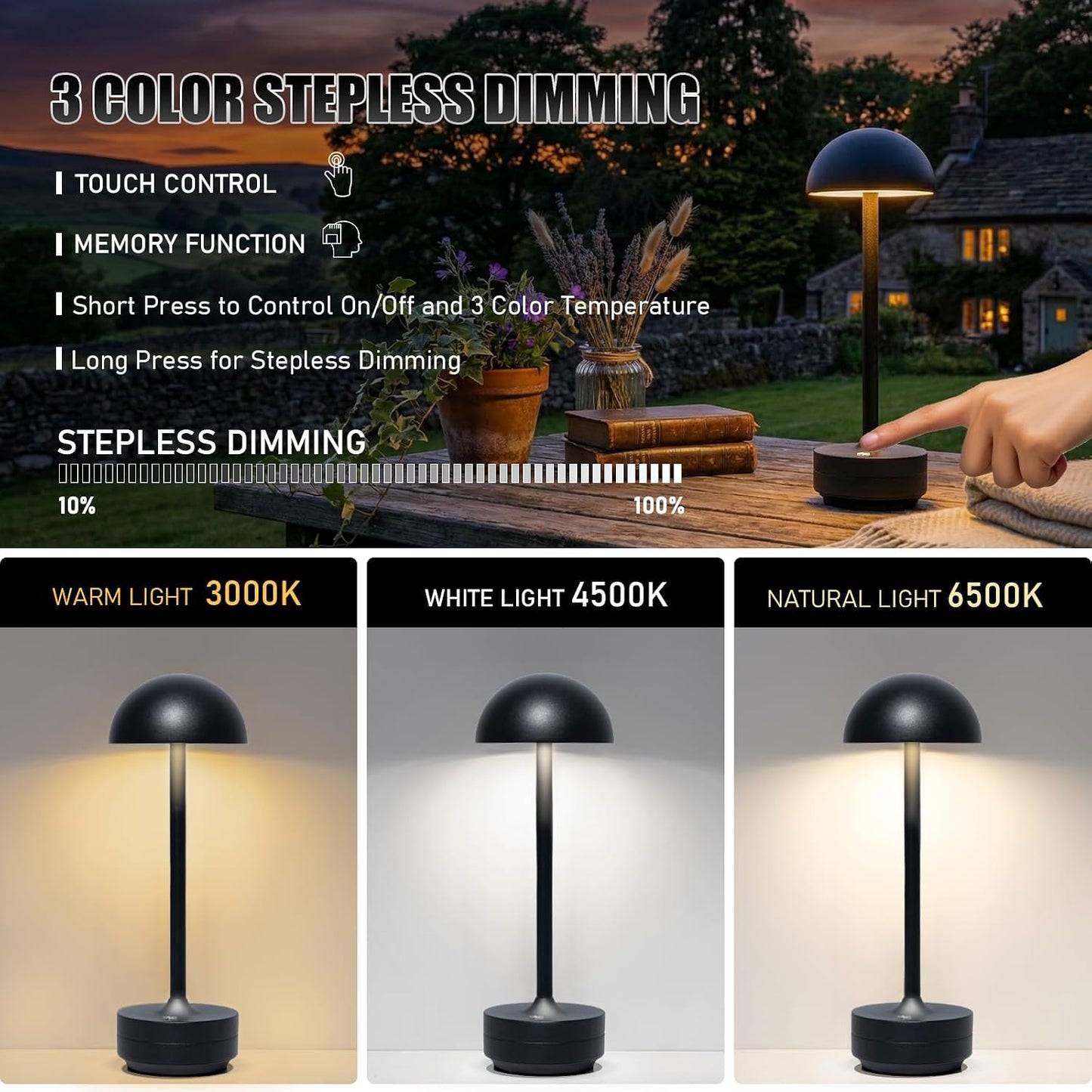 Lámpara mesa inalámbrica LED recargable tactil negro