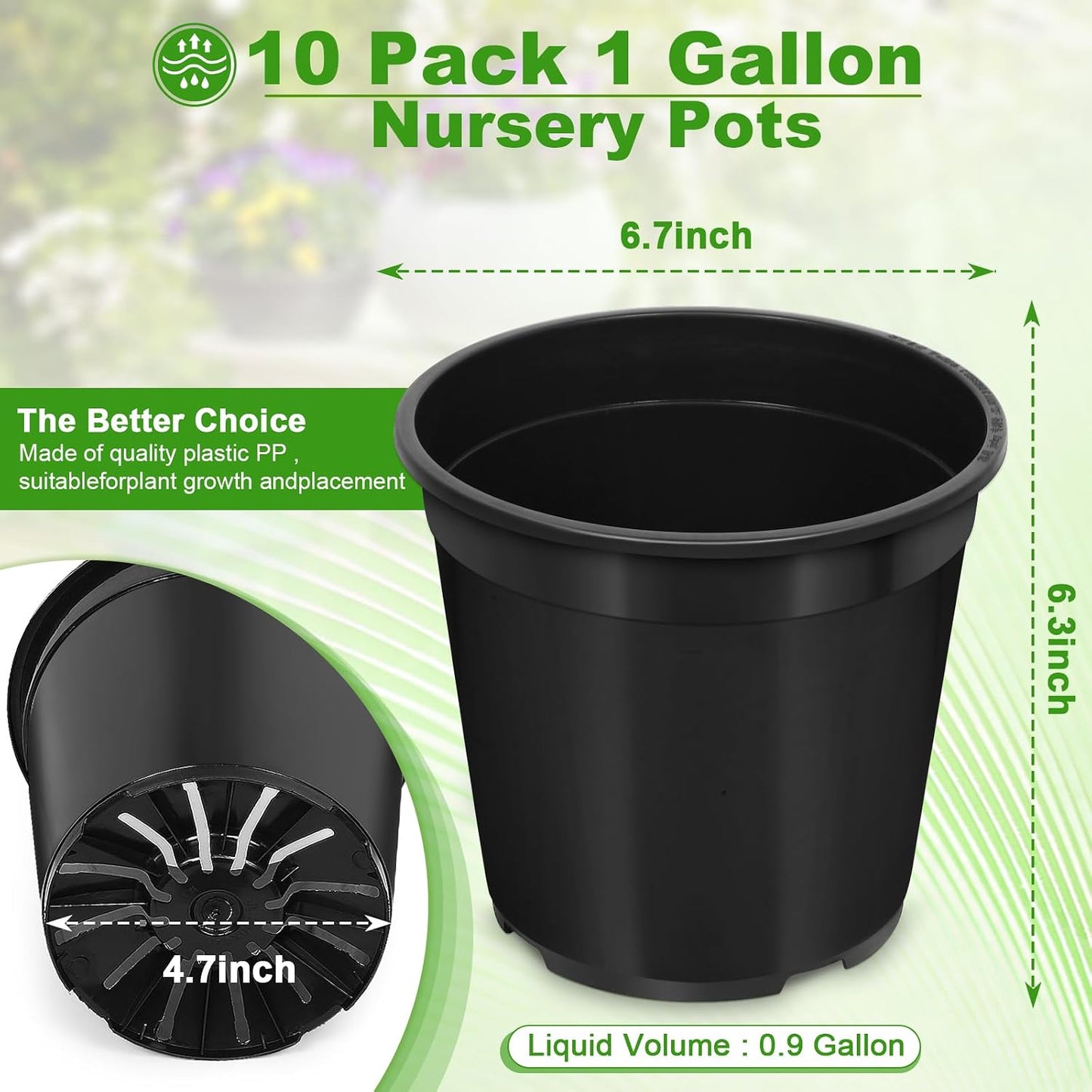 10 Macetas Plástico 1gal con Drenaje para Jardín y Interior Negro