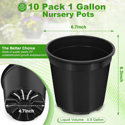 10 Macetas Plástico 1gal con Drenaje para Jardín y Interior Negro