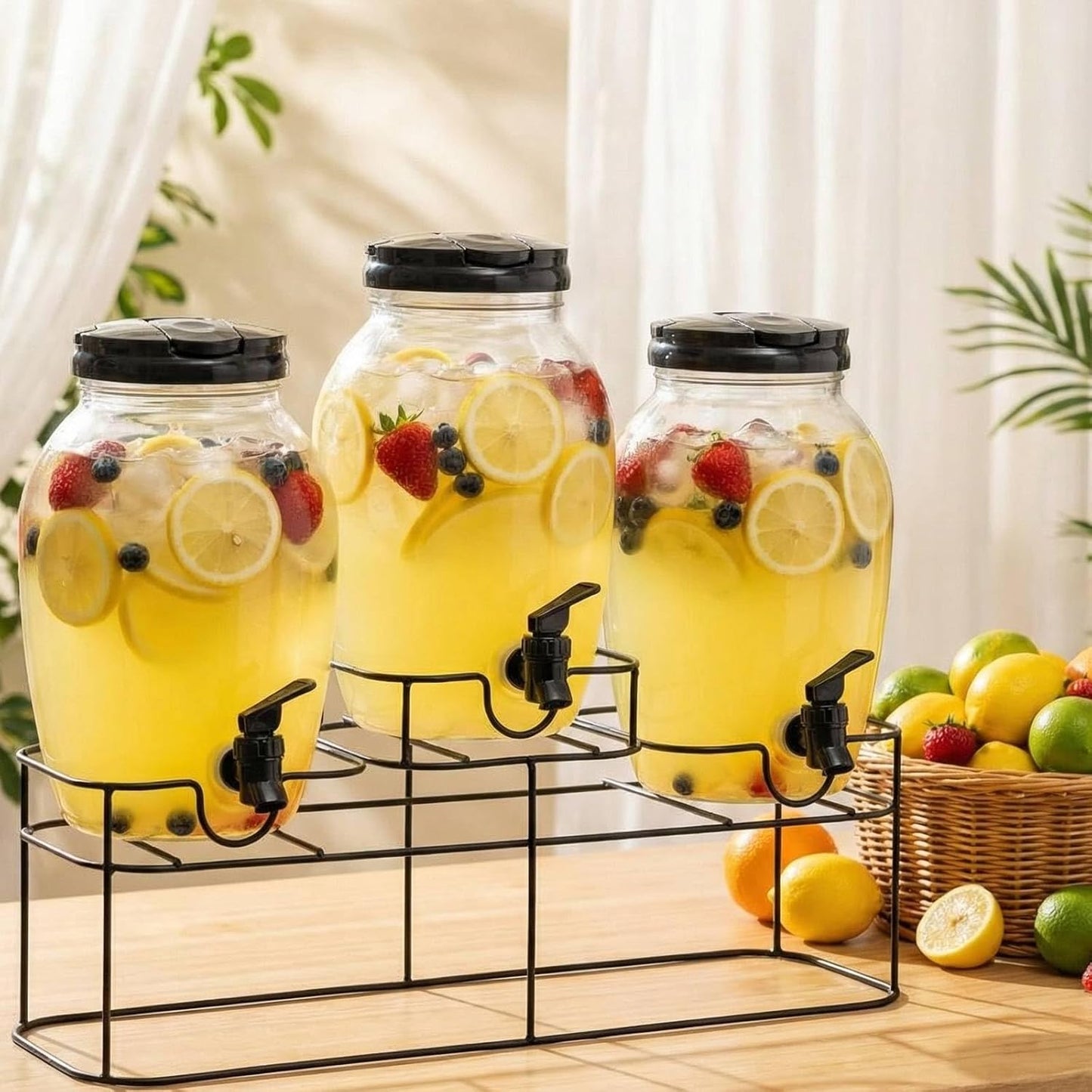 Dispensador bebidas plástico 3 pzas soporte metal 1.2gal fiestas