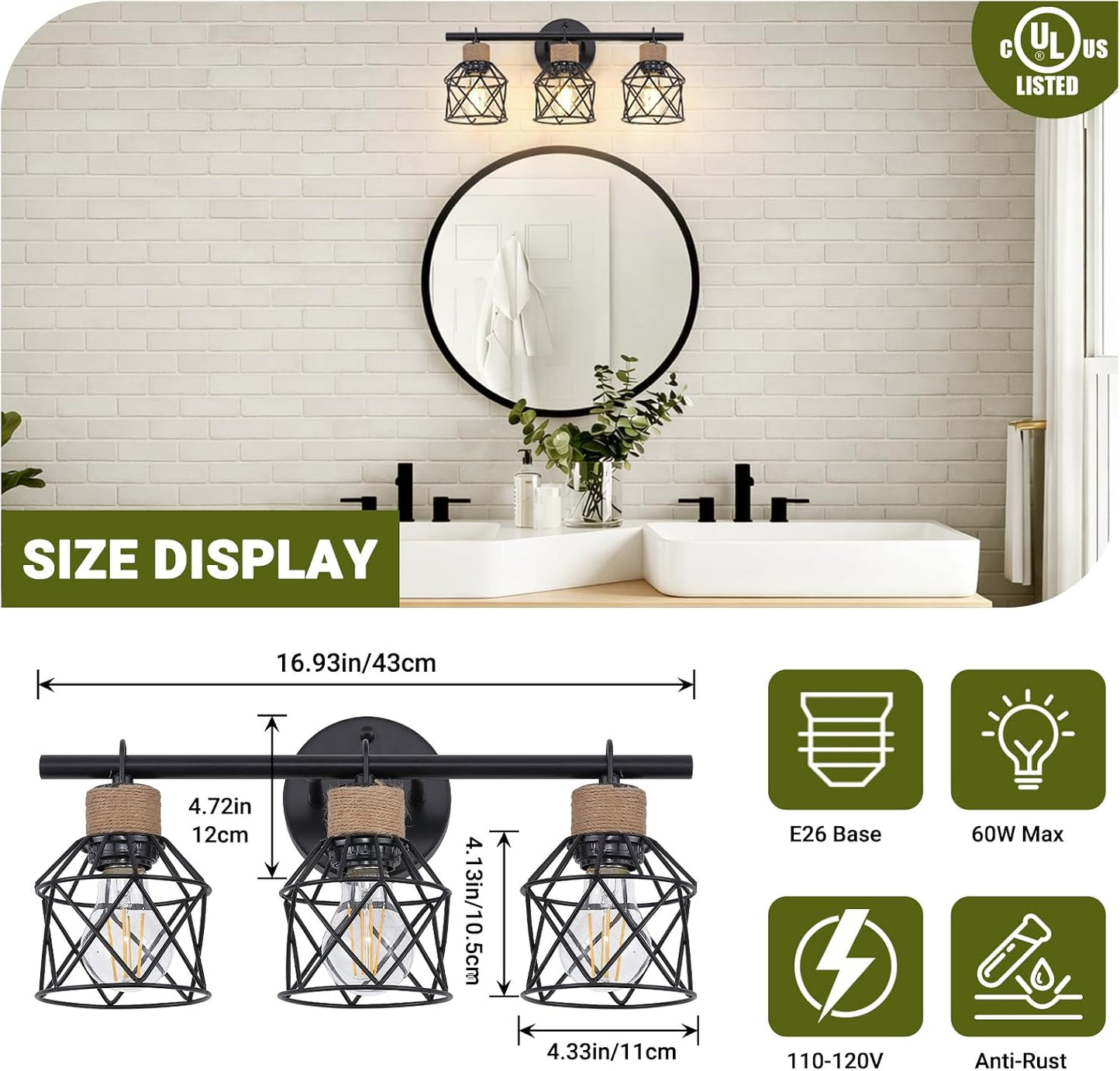 Lámpara tocador 3 luces estilo granja pantalla metal negro mate