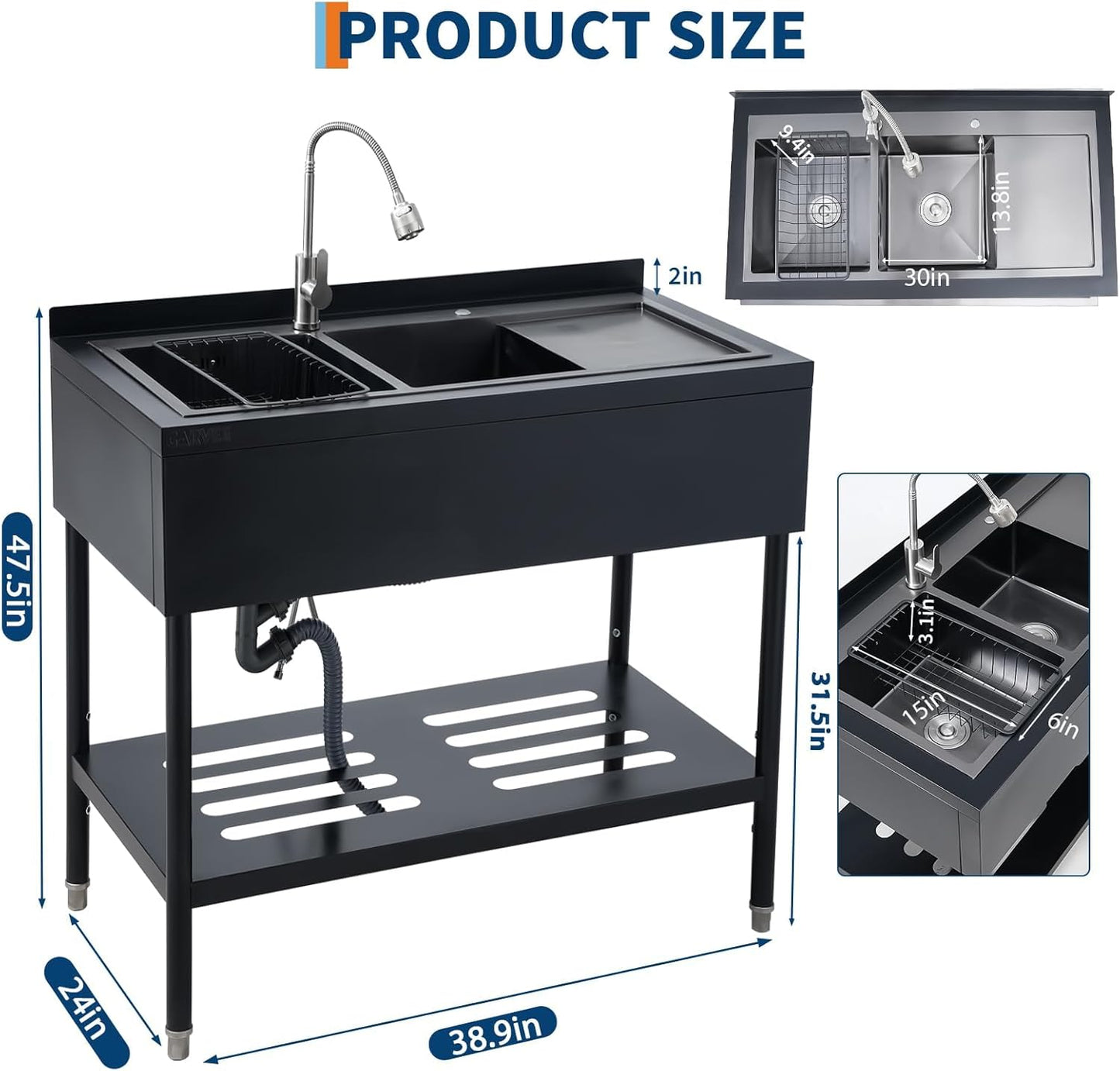 Fregadero acero inox negro 47.5pulg con escurridor y estante