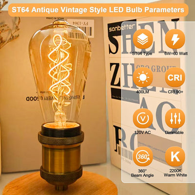 Bombilla LED Edison E26 vintage 6W 2200K luz cálida pack 2