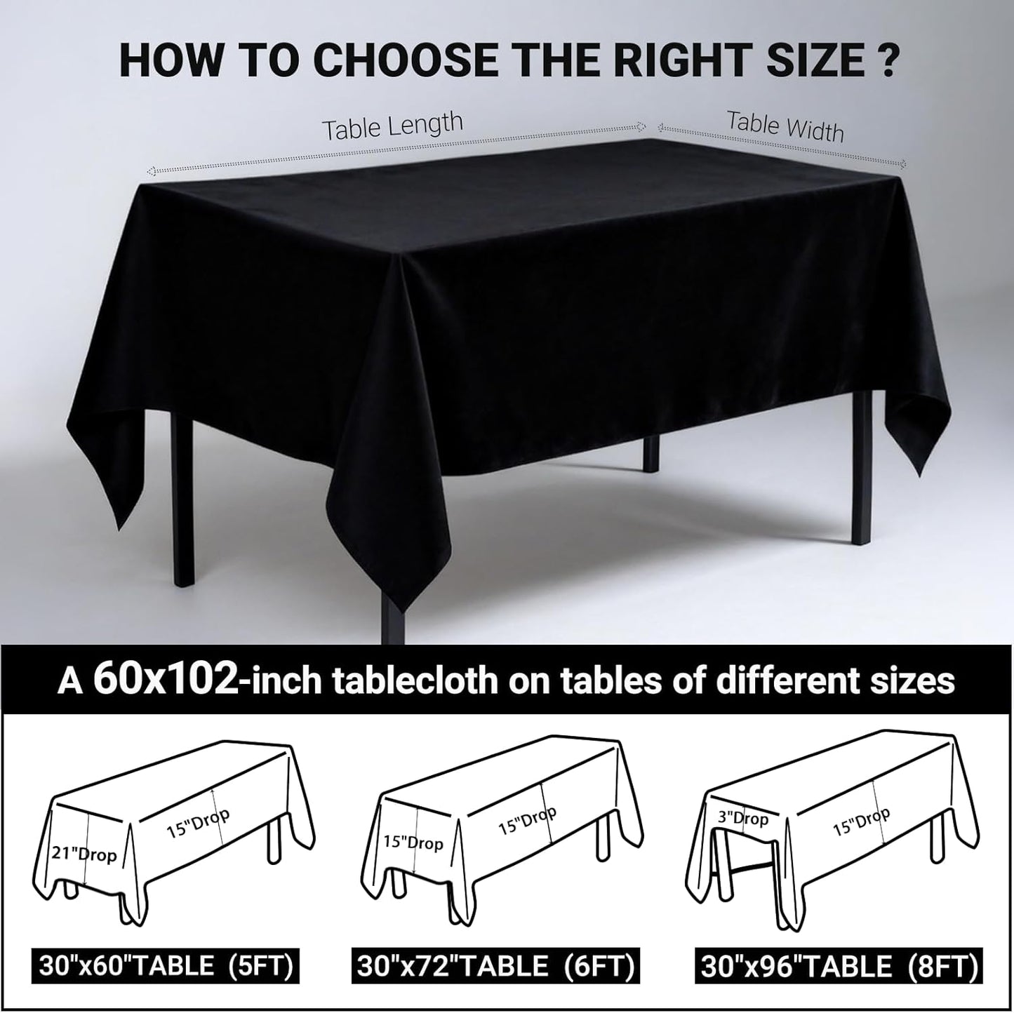 Mantel rectangular negro para mesa de 60 x 102 pulgadas resistente a manchas y arrugas