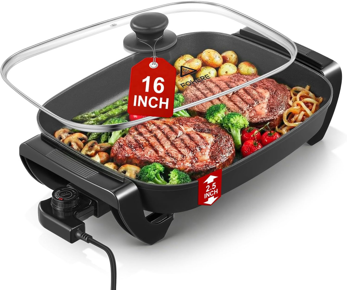 Sartén eléctrica FOHERE 16" con cubierta de vidrio
