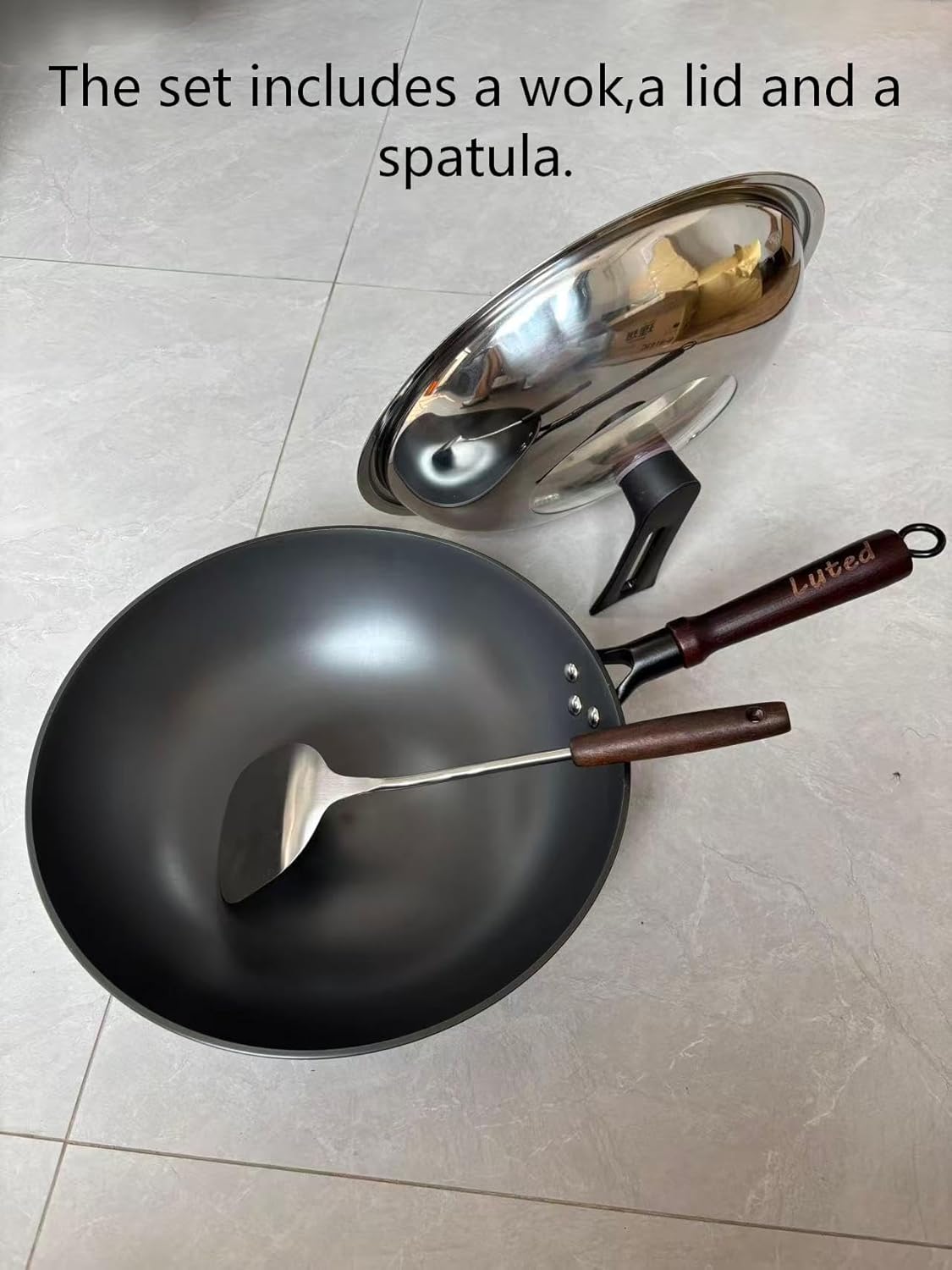 Woks chinos con tapa y espátula sartén profunda de hierro fundido 13 pulgadas