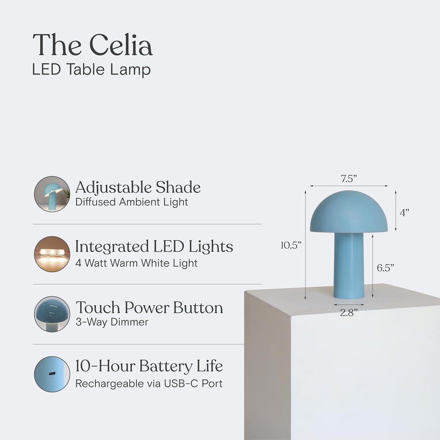 Lámpara mesa hongos 10pulg LED inalámbrico recargable