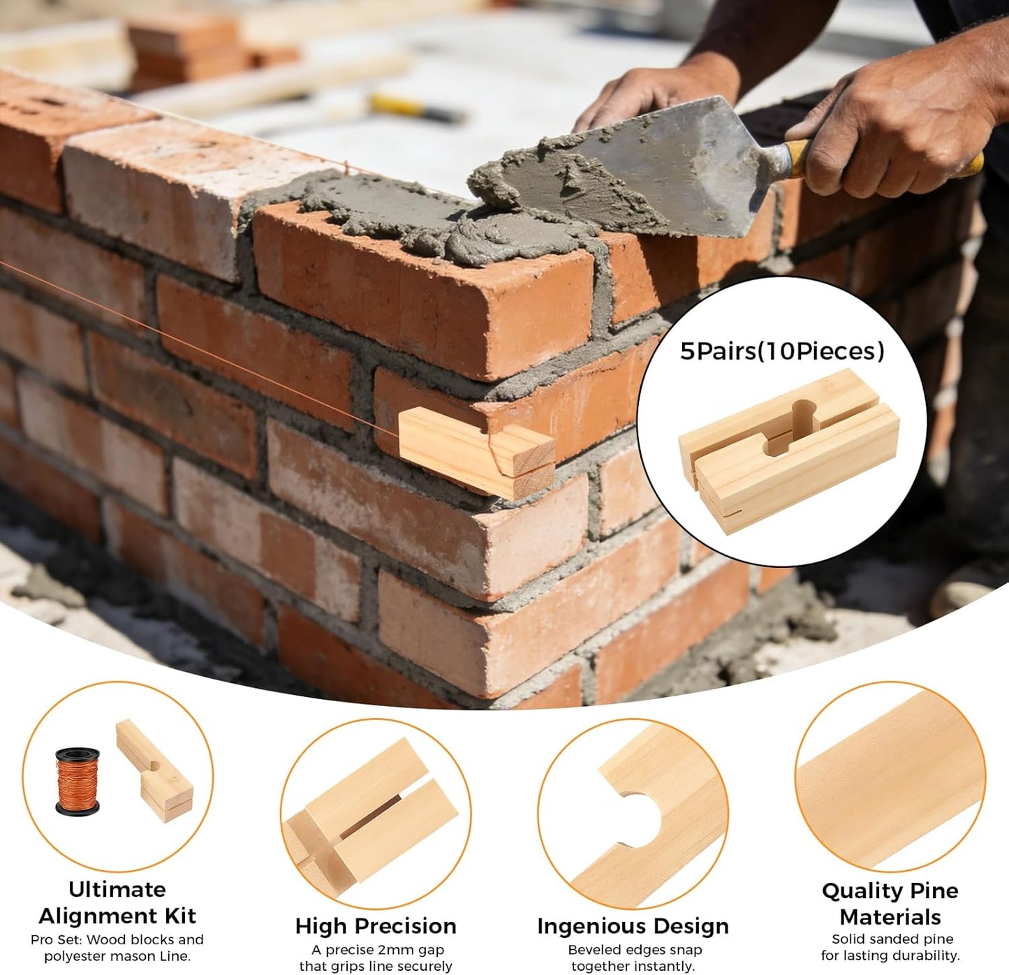 Kit herramientas albañilería 10 bloques madera 4pulg cuerda 164ft