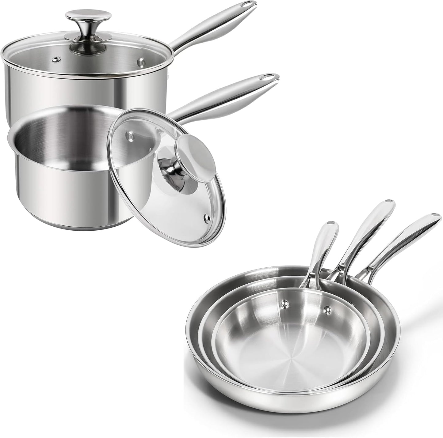Set cacerolas acero inox 1qt y 2qt sartenes 8-11pulg