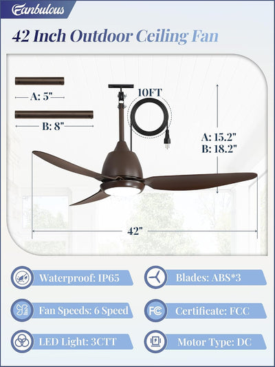 Ventilador techo exterior 42in luz IP65 control APP 6 velocidades