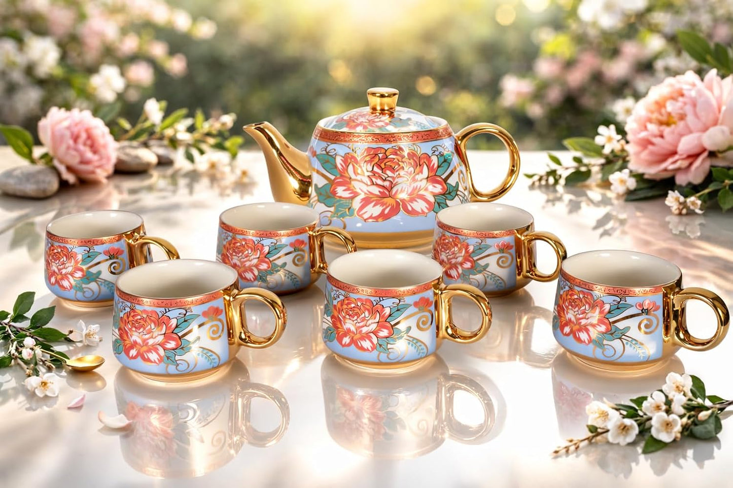 Set Té Cerámica 6 Pzas con Cazoleta para Hogar y Regalo