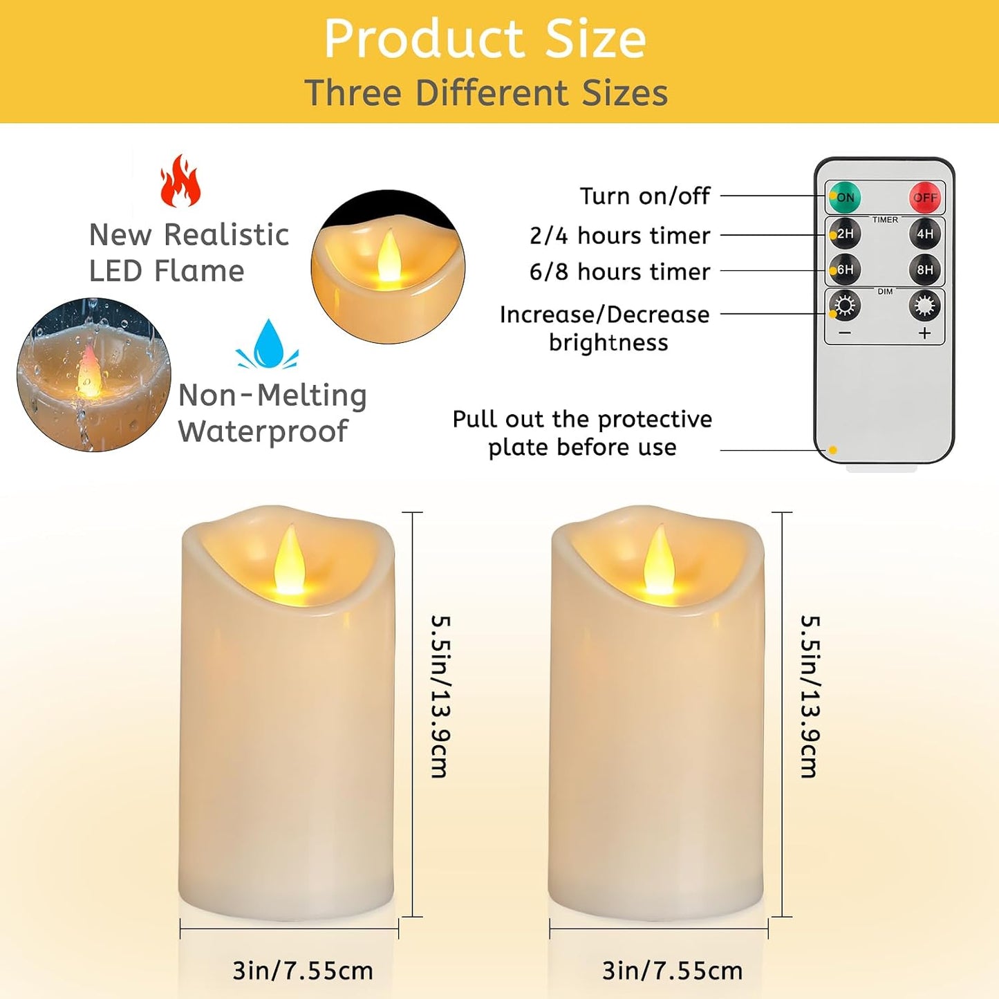 Velas sin llama 4-6pulg color marfil juego 3/6/9 parpadeantes con pila