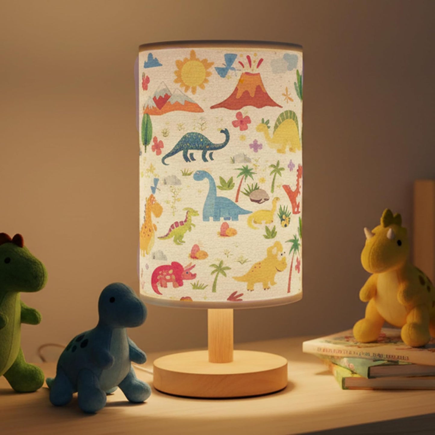 Lámpara Dinosaurio Niños 3 Colores Base Madera Tela Lino