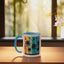 Taza cerámica retro de palma con atardecer azul/blanco