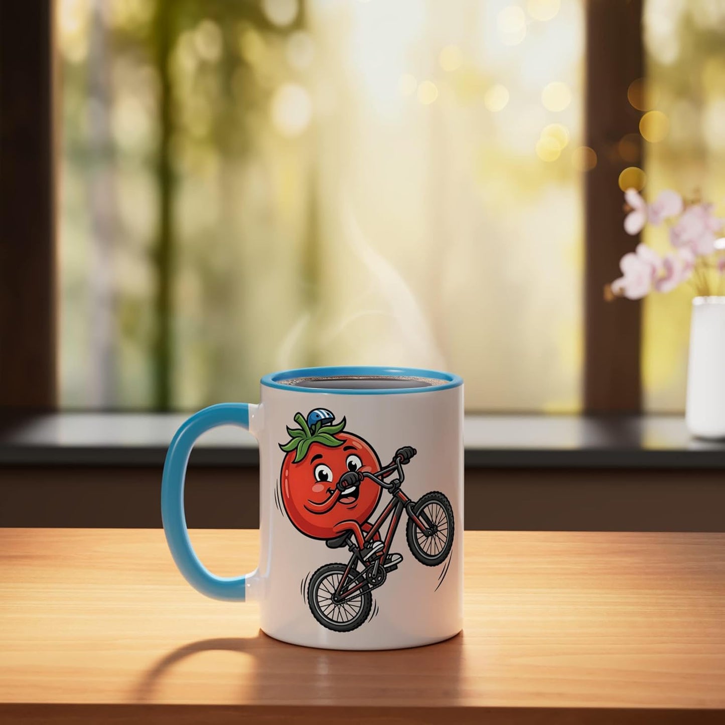 Taza cerámica de tomate en bicicleta divertida azul/blanco