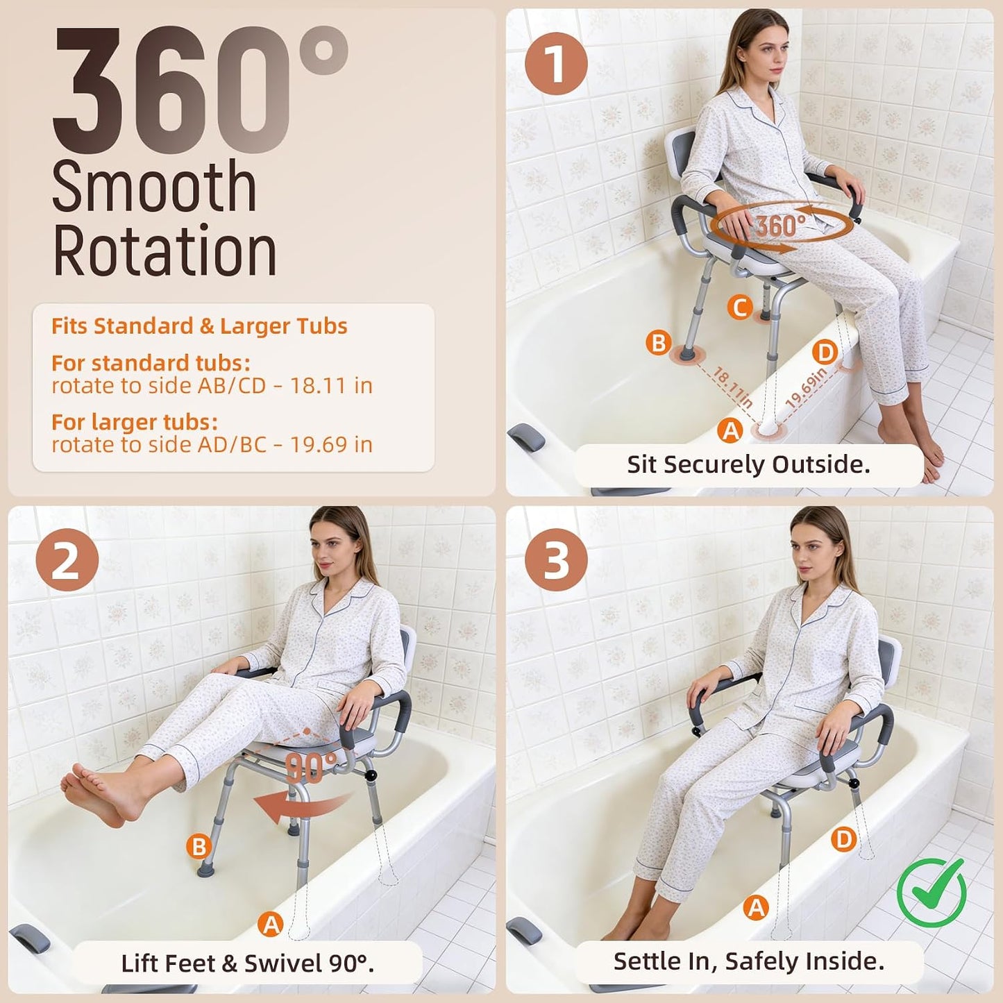 Silla ducha giratoria con respaldo ajustable para ancianos