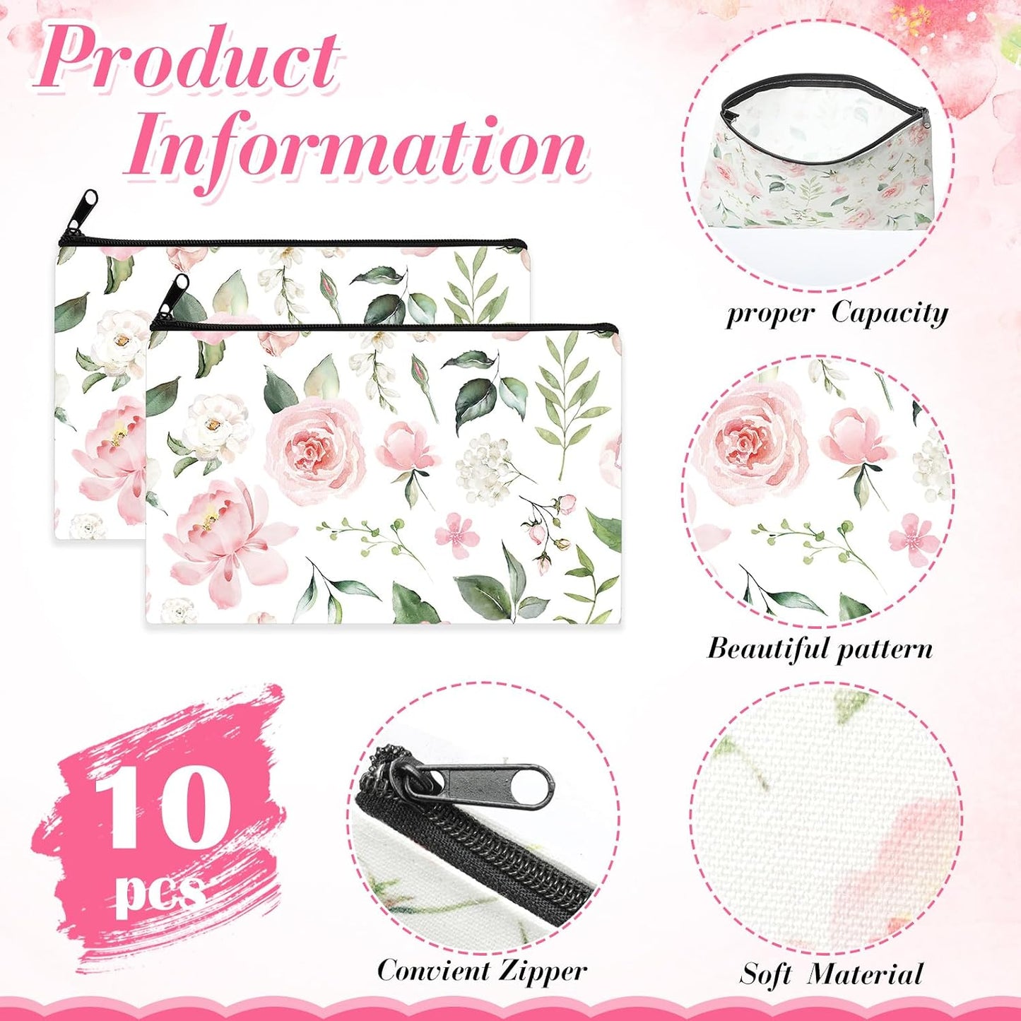 10 Bolsas Lona Maquillaje Arcoíris con Cremallera Blanco