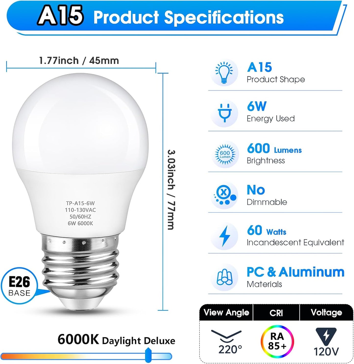 Bombilla LED A15 E26 6W paquete 6