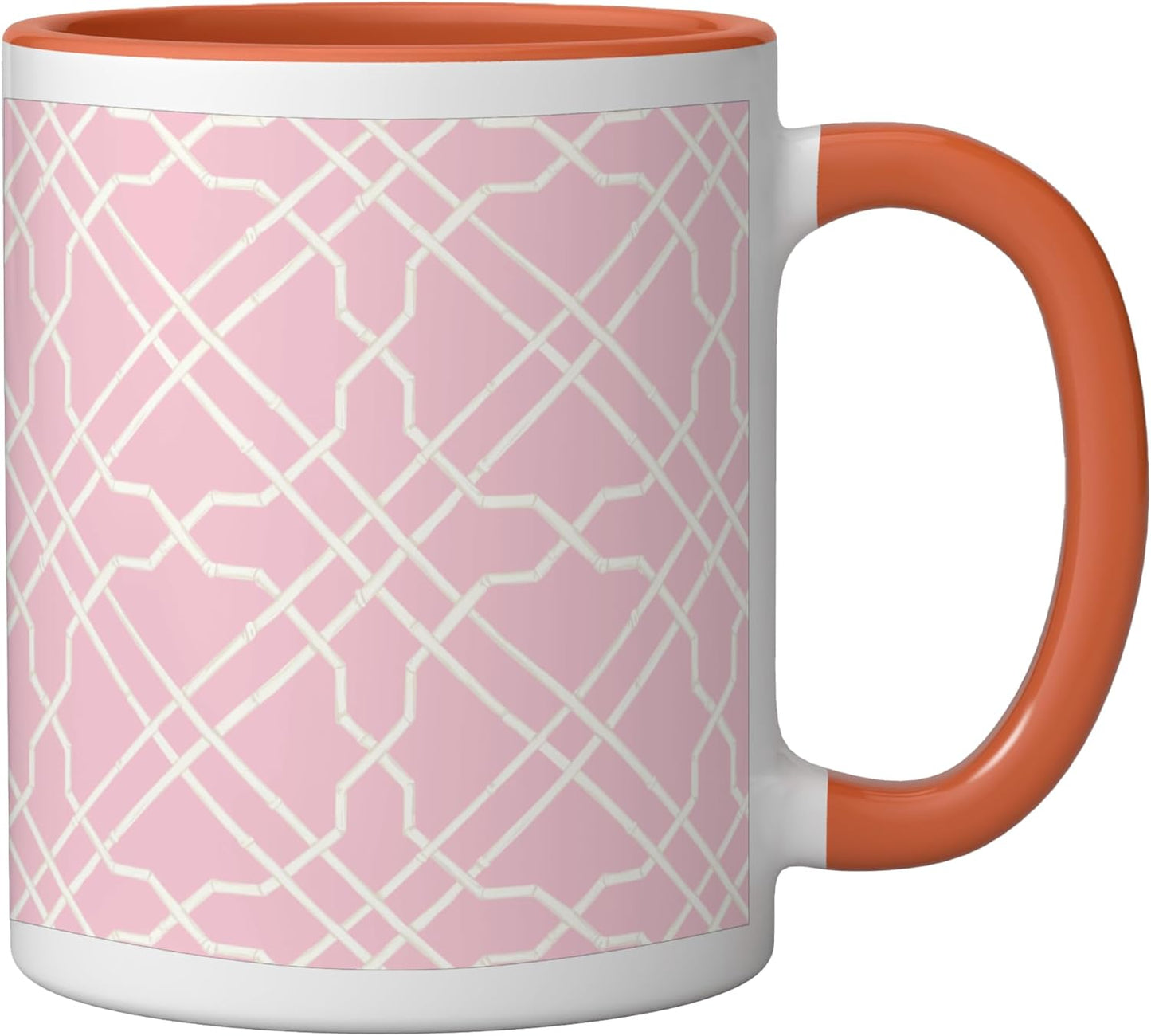 Taza cerámica Pink Trellis Preppy Chinoiserie con patrón de enrejado naranja/blanco