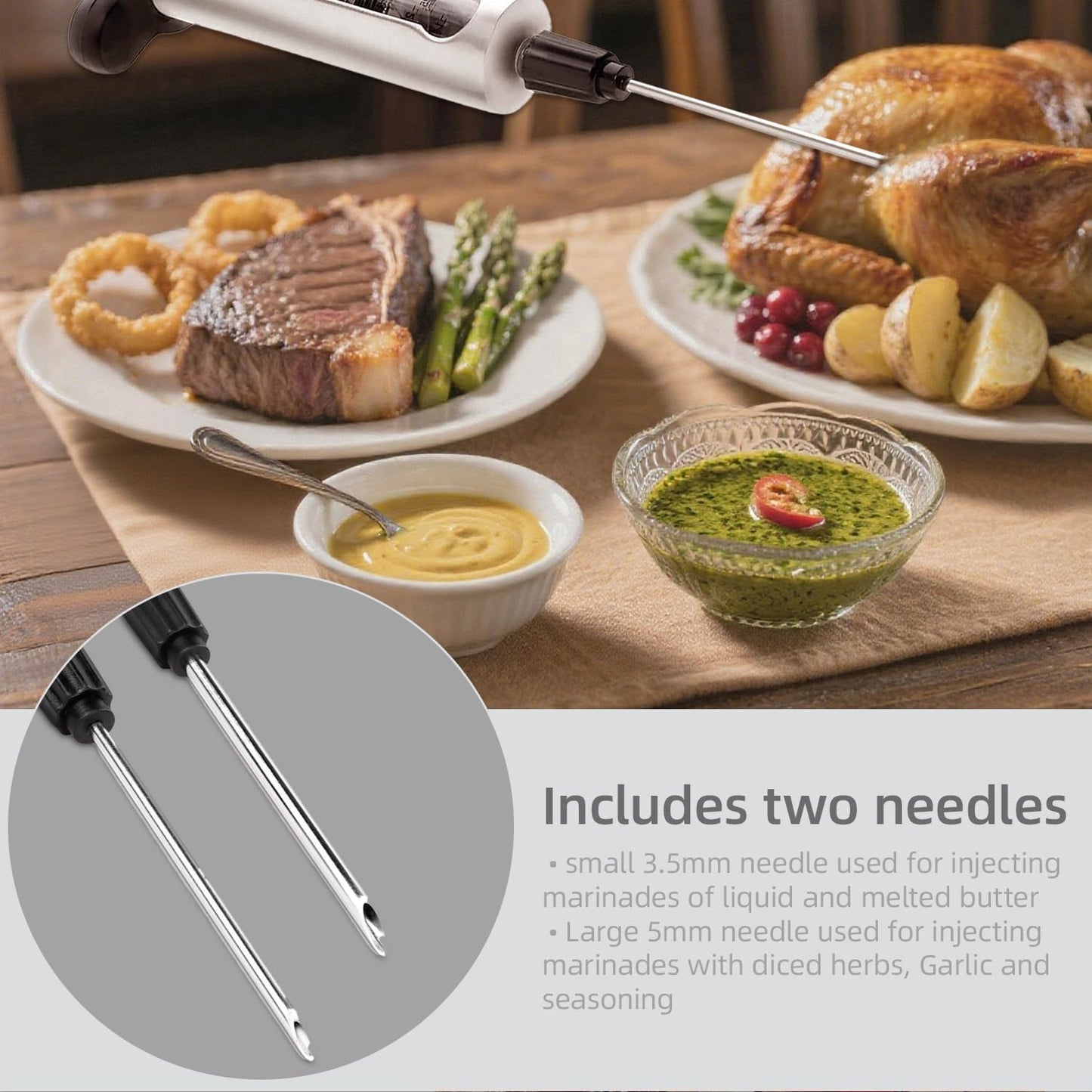 Inyector de carne acero inoxidable con ventana y cepillo para adobo y sabor