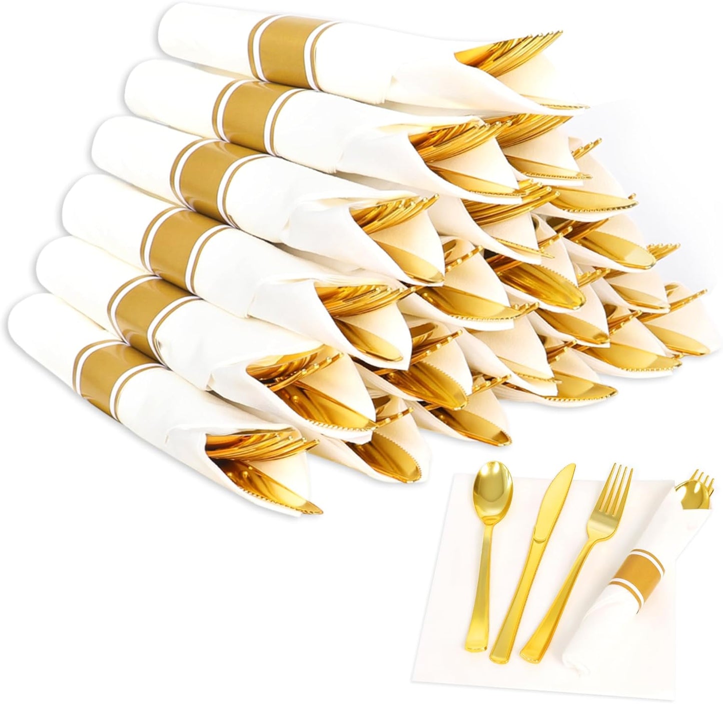 Juego de 20 cubiertos de plástico dorado con servilletas