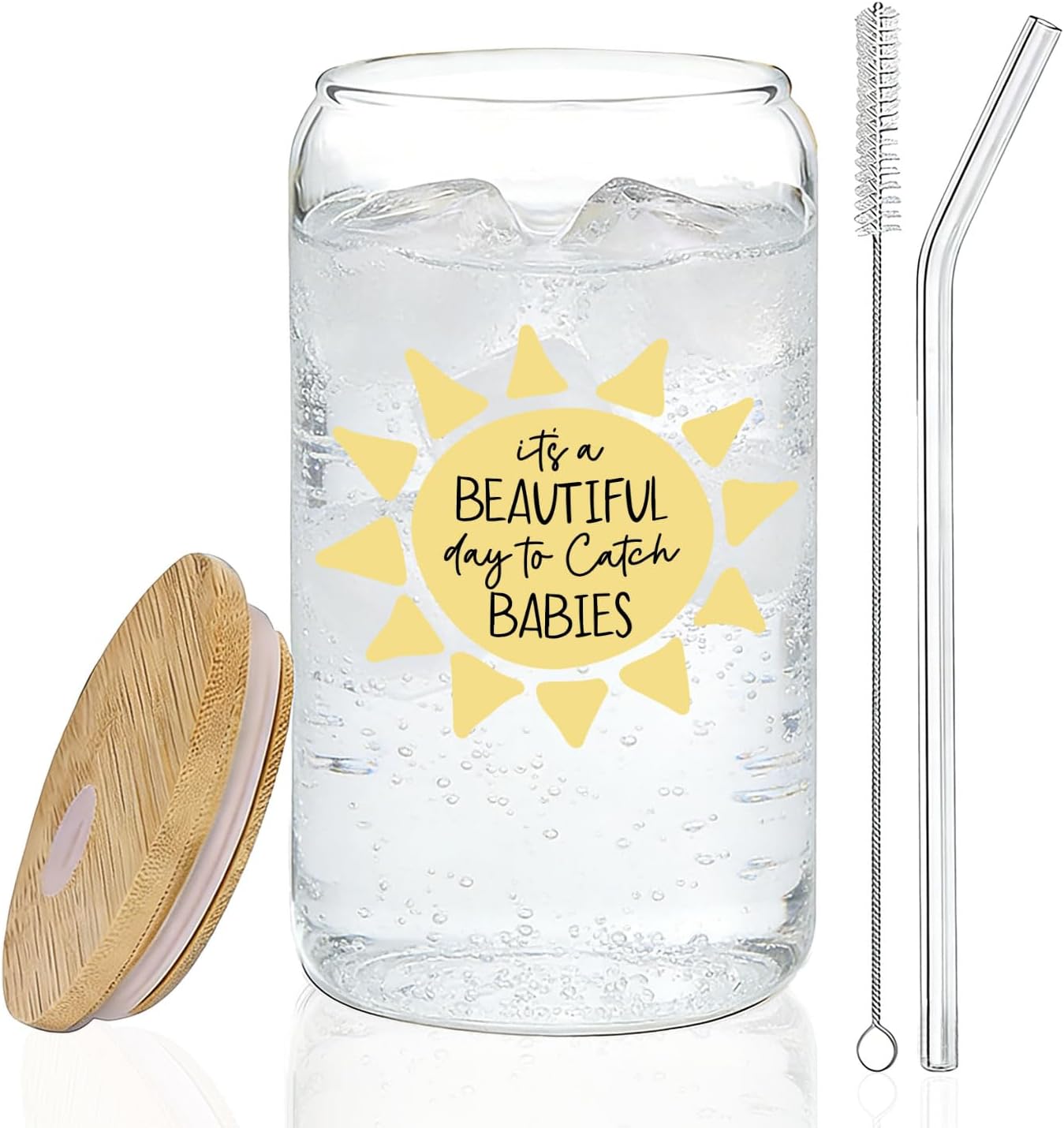 Vaso de vidrio para enfermeras con tapa y pajilla 14 oz regalo boho