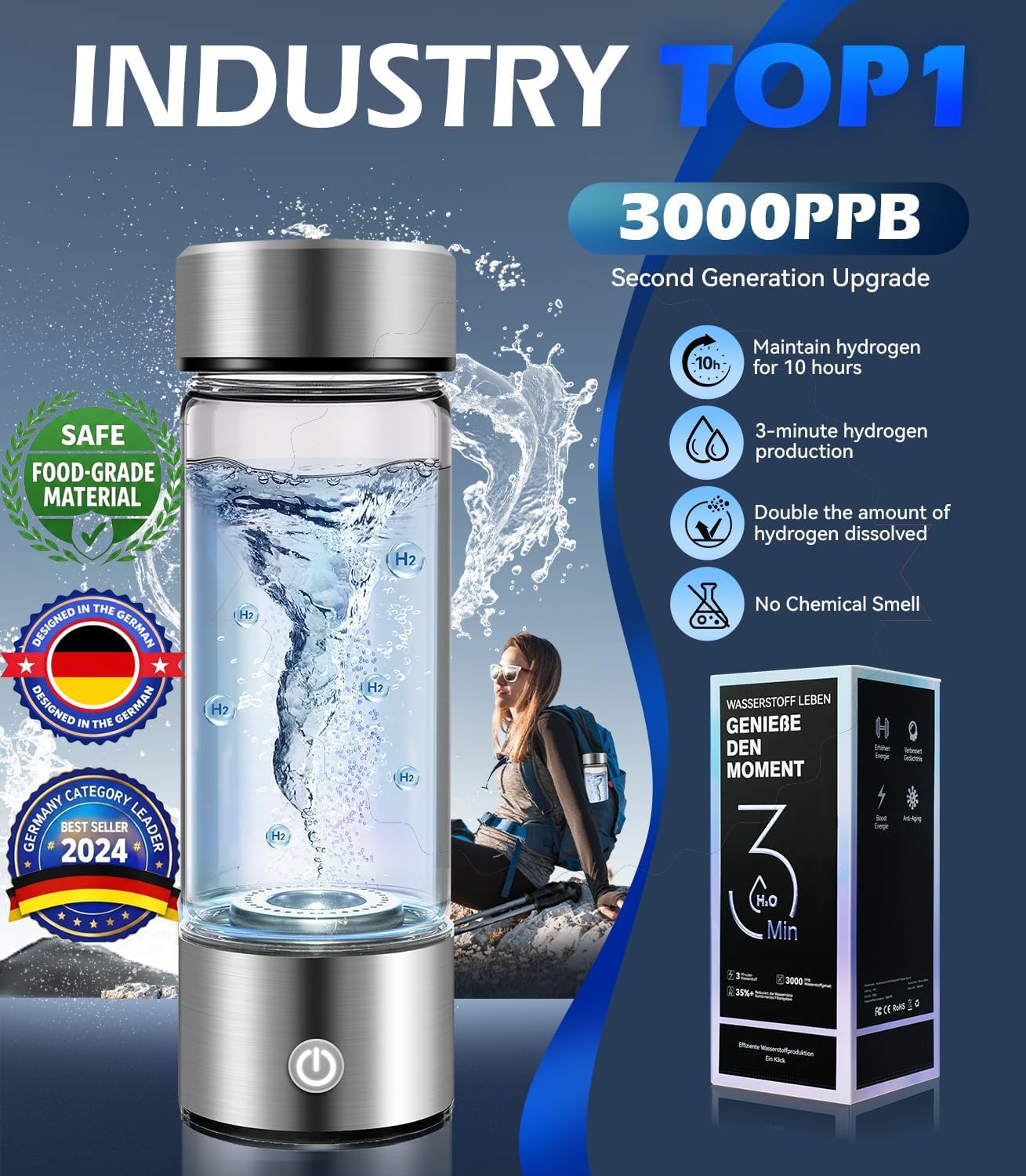 Botella agua hidrógeno 24h doble contenido sin cloro ni ozono