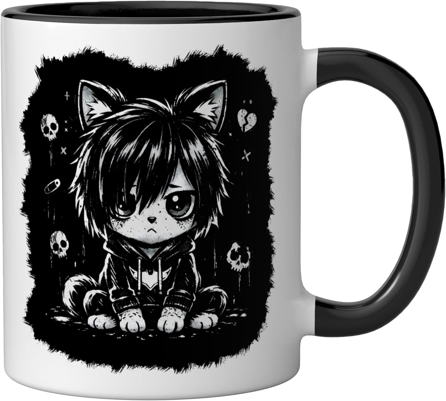 Taza cerámica gato emo grunge goth negro/blanco