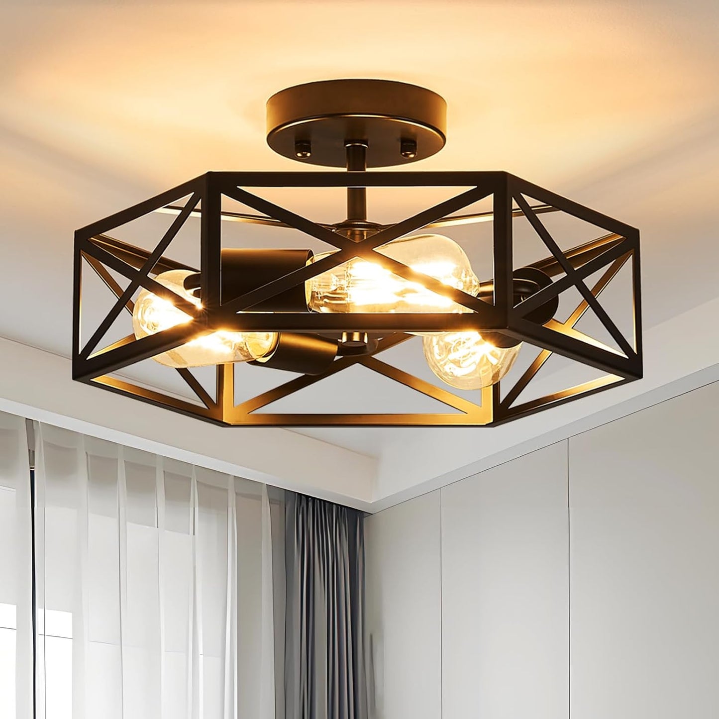 Lámpara techo industrial negra hexagonal 14.6pulg