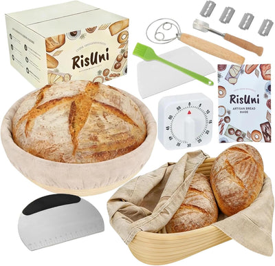Kit de iniciación de masa madre con cestas redondas y ovaladas para pan