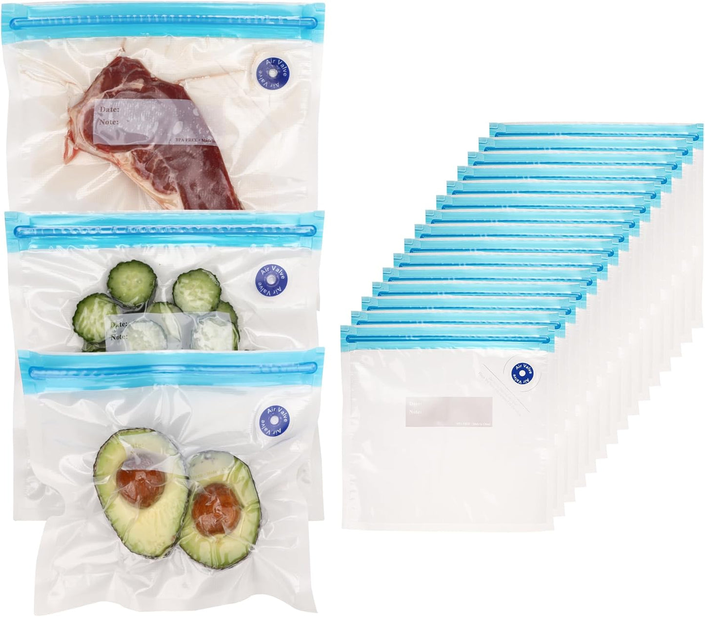 Bolsas selladoras al vacío para alimentos paquete 15 reutilizables con cierre de cremallera a prueba de fugas y válvula de aire