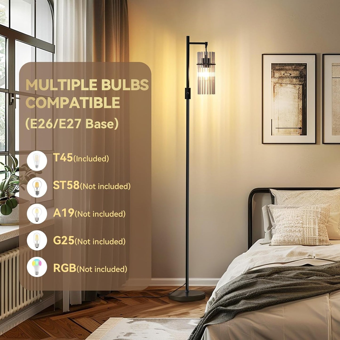 Lámpara pie cristal regulable 3 cabezales LED negro
