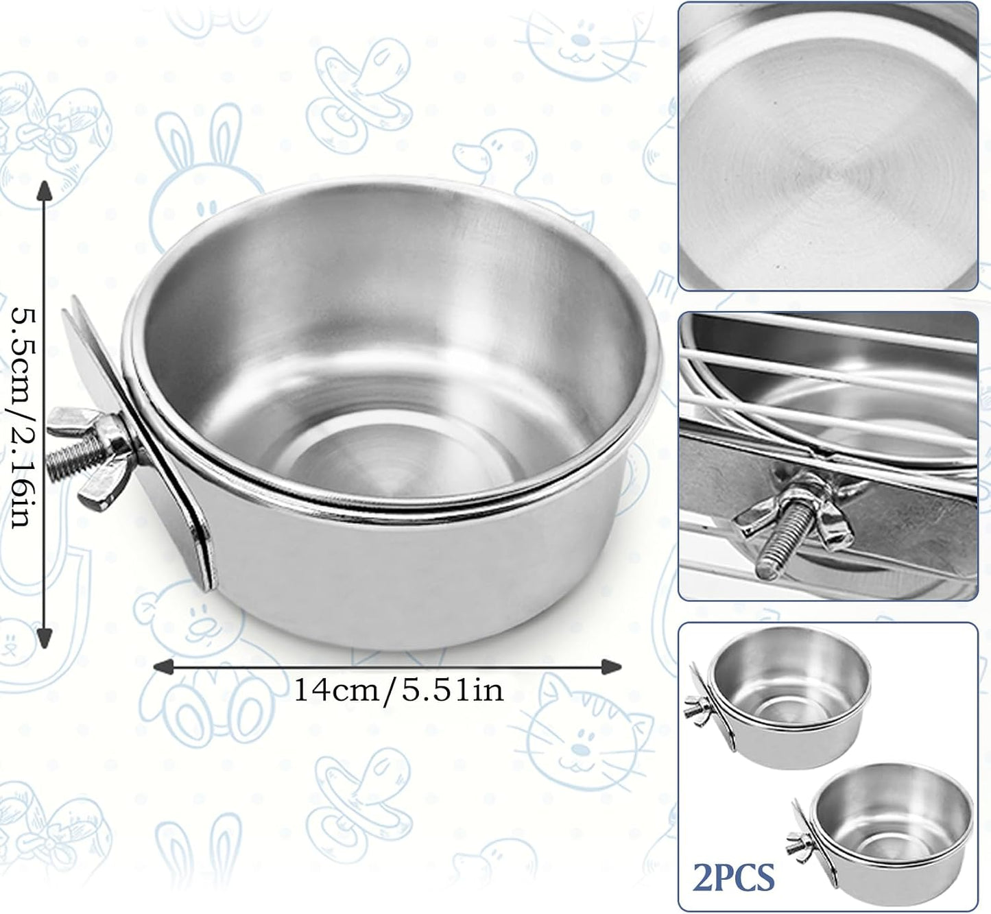 2 Tazas Alimentación Loro Acero Inox con Soporte