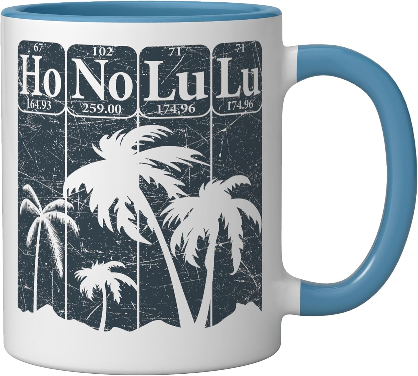 Taza cerámica retro de elementos periódicos de Honolulu Hawái azul/blanco