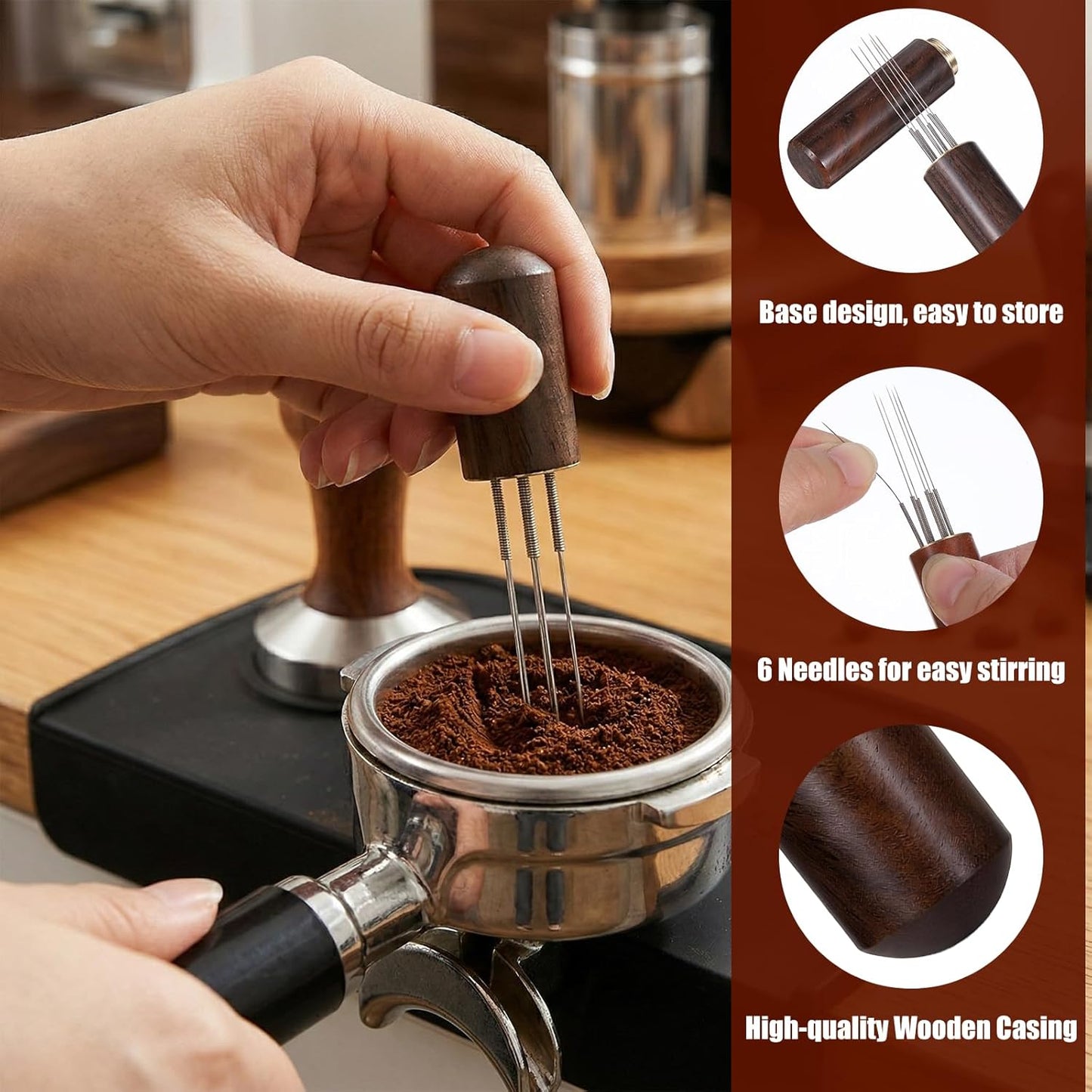 Distribuidor de espresso profesional con mango de madera