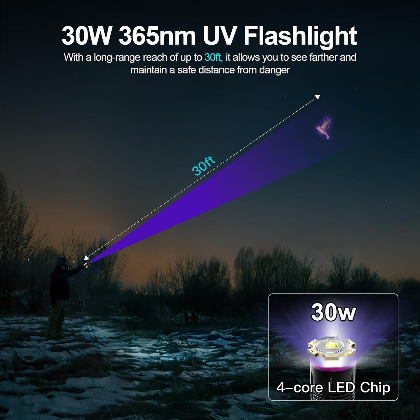 Linterna UV 365 nm luz negra 30 W recargable mascotas