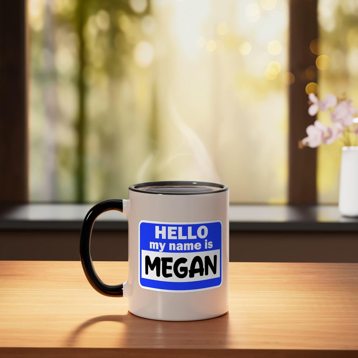 Taza cerámica Funny Hi Hello Mi nombre es Megan etiqueta de nombre negro/blanco