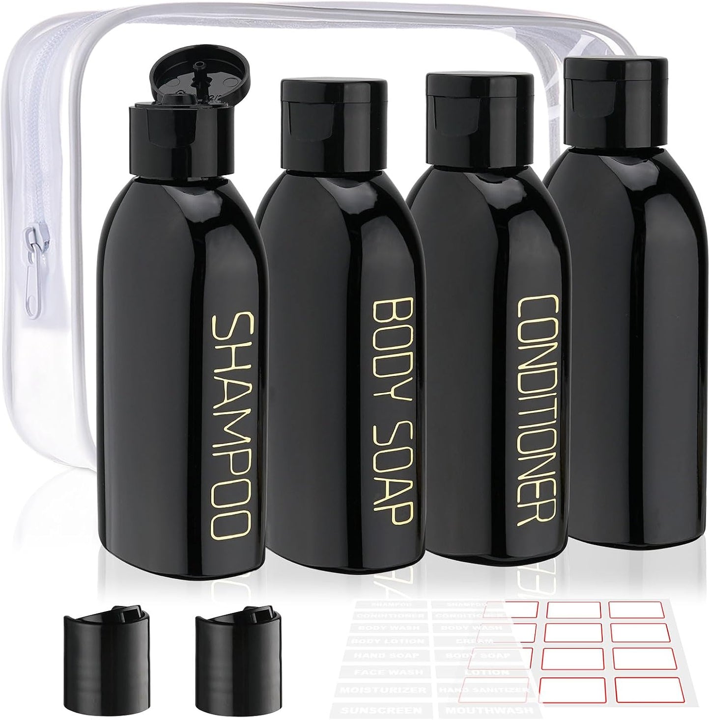 Botellas viaje TSA aprobadas 3.4oz plástico con tapa abatible negro