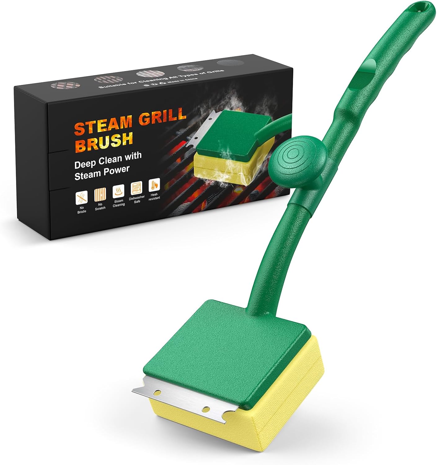 Cepillo parrilla sin cerdas con raspador mango largo