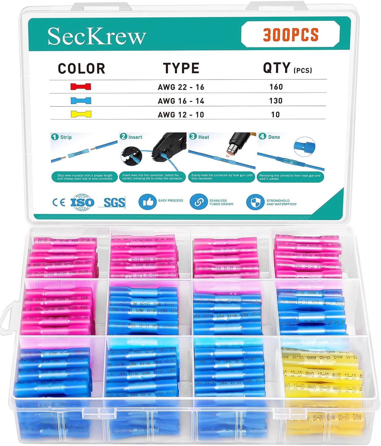 300 Conectores Termorretráctiles Impermeables 22-10 AWG