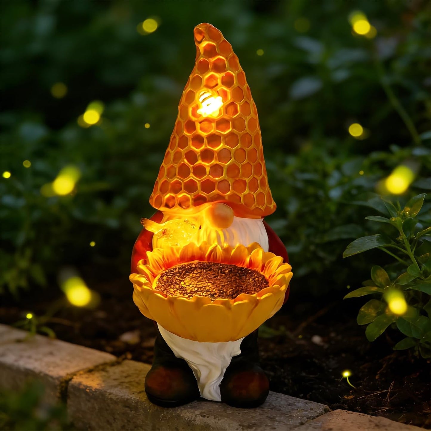 Gnomo solar con luces LED y comedero pájaros decoración exterior