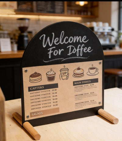 Tablero de menú comercial con soportes magnéticos y superficie de tiza para cafeterías
