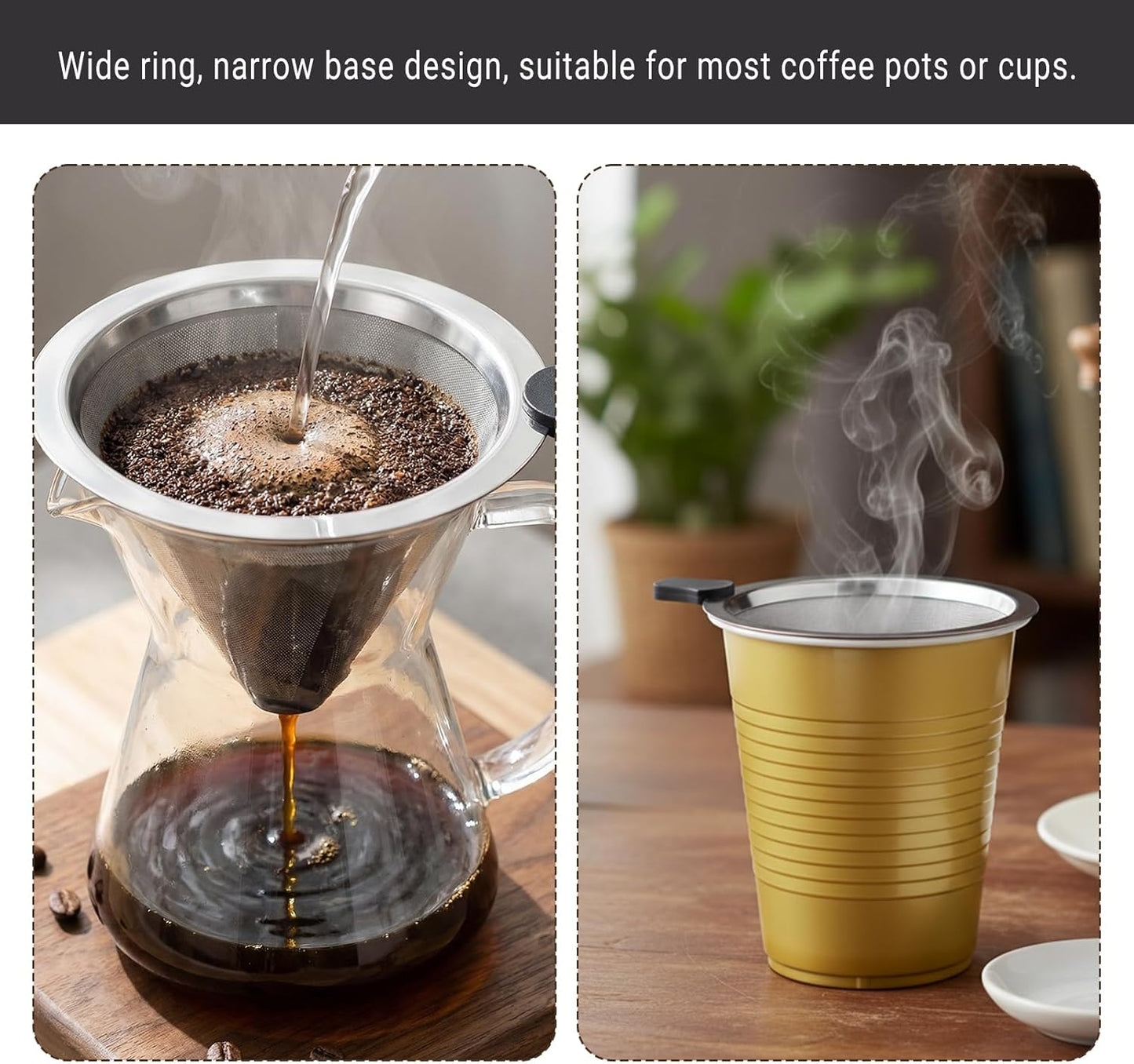 Filtro de café de metal sin papel para 1-2 tazas, doble malla