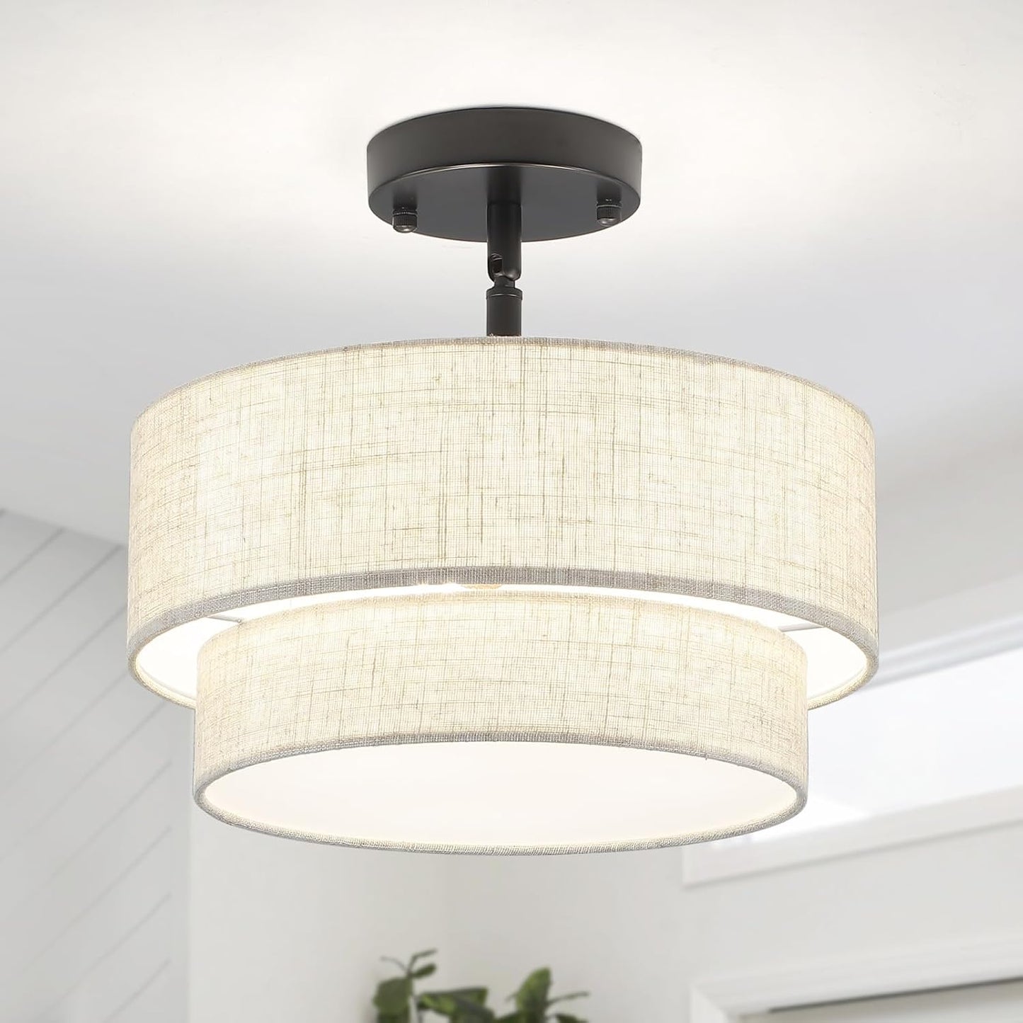 Lámpara techo 3 luces tambor negro tela metal cocina comedor
