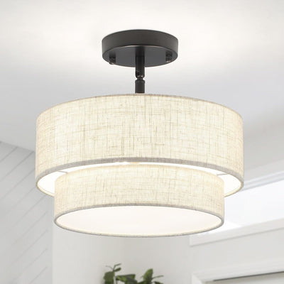 Lámpara techo 3 luces tambor negro tela metal cocina comedor