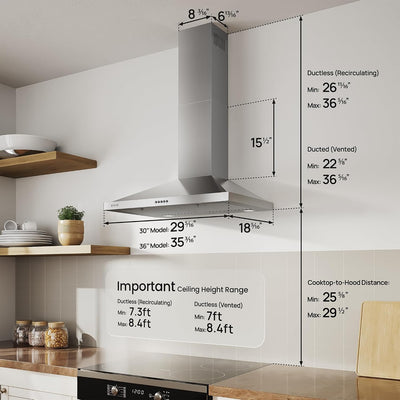 Campana extractora pared 30pulg 600CFM filtros carbón acero inox LED