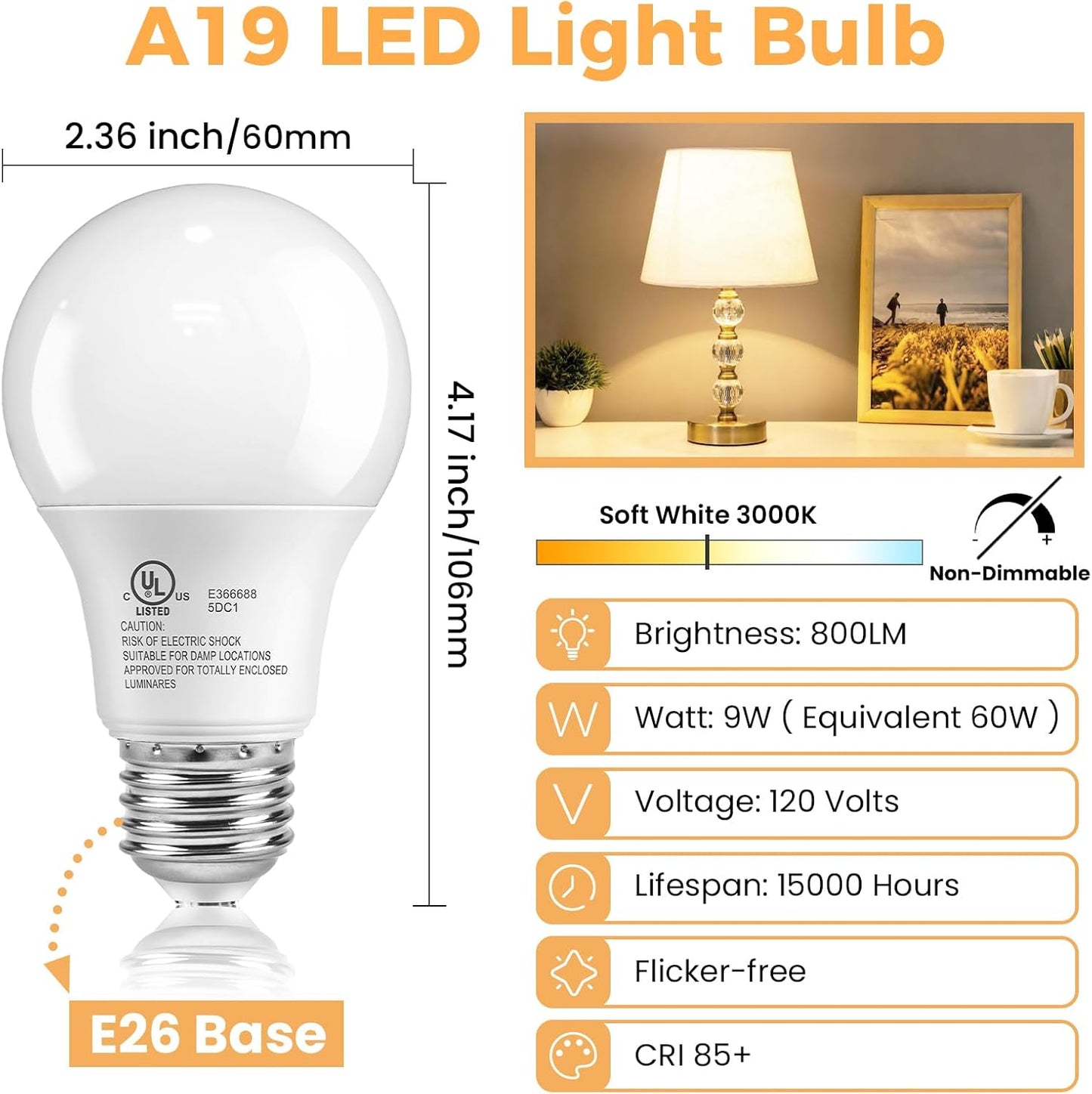 Pack 6 Bombillas LED A19 E26 9W 3000K Blanco Cálido