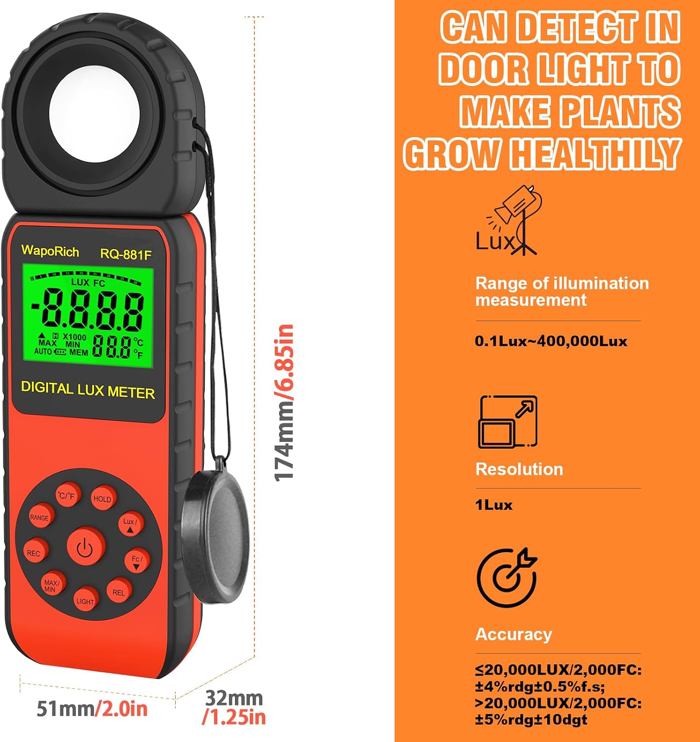 Medidor luz RQ-881F pantalla 3999Lux sensor 270º naranja