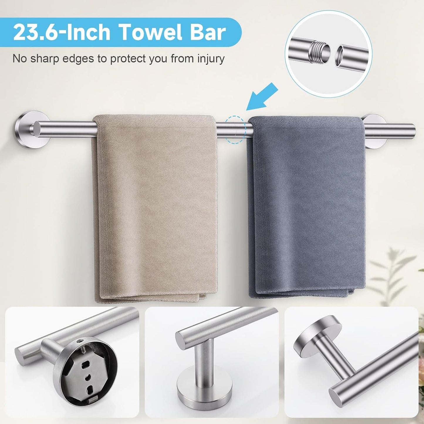 Set 5 Pzas Toallas Níquel Cepillado Toallero Acero Inox 23.6pulg