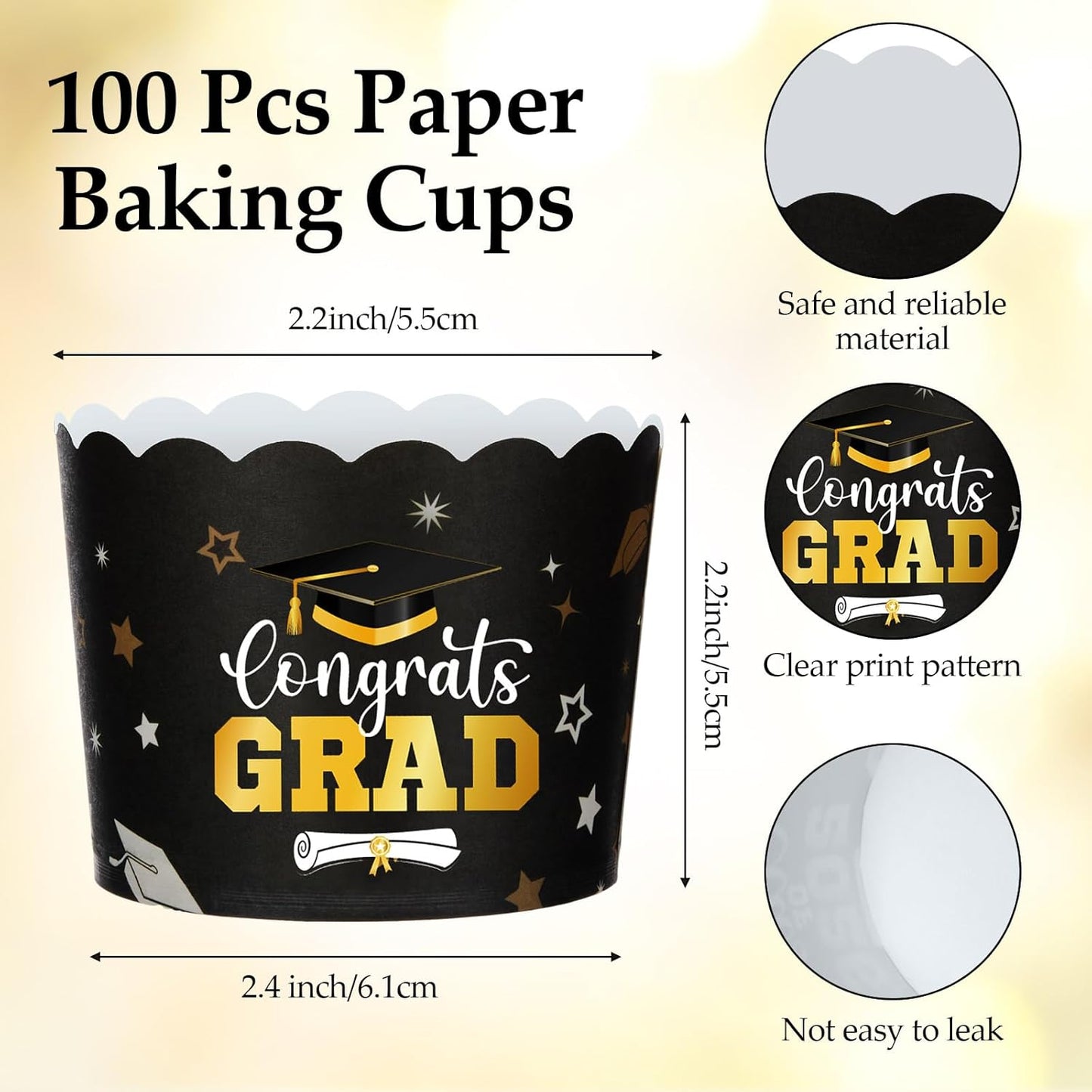 Forros para cupcakes graduación 2026 papel negro y dorado tazas hornear felicidades